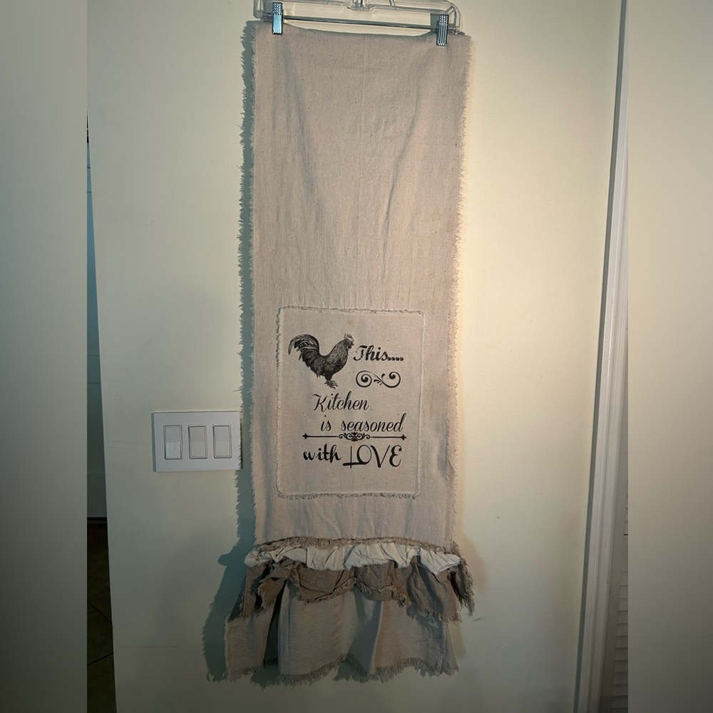 Rooster Table Runner. Country Chic Burlap 76”x14.5” Cream & Dark Gray.